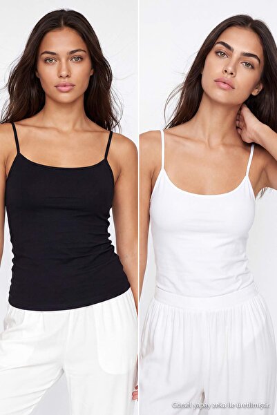 Trendyol Collection Black-White Cotton Thin Strap 2-Piece Knitted Undershirt ...