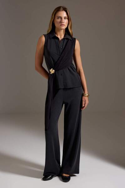 Trendyol Collection Black Plain Regular Polo Neck Belted Sleeveless Modal Fab...