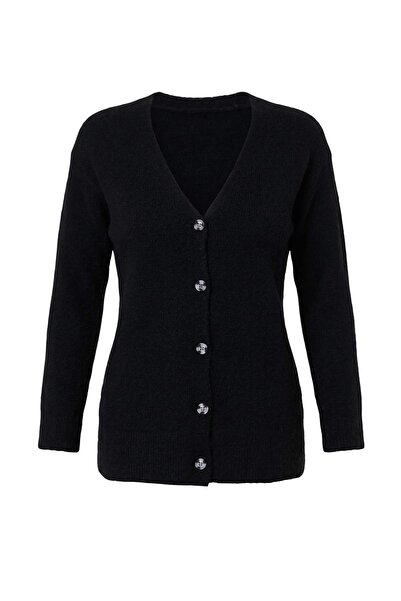 Trendyol Collection Wardrobe Essentials Black Soft Textured V-Neck Oversize K...