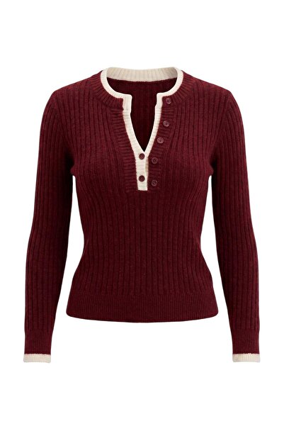 Trendyol Collection Burgundy Soft Textured Double Collar Detailed Knitwear Sw...