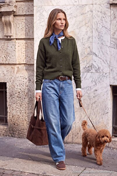 Trendyol Collection Wardrobe Essentials Khaki Wool Crew Neck Basic Knitwear C...