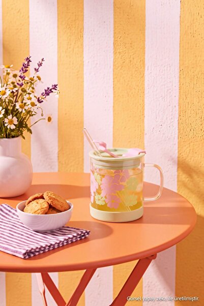 Drop by TrendyolMilla Flower Patterned Glass Mug with Straw and Lid Tdraw27Up...