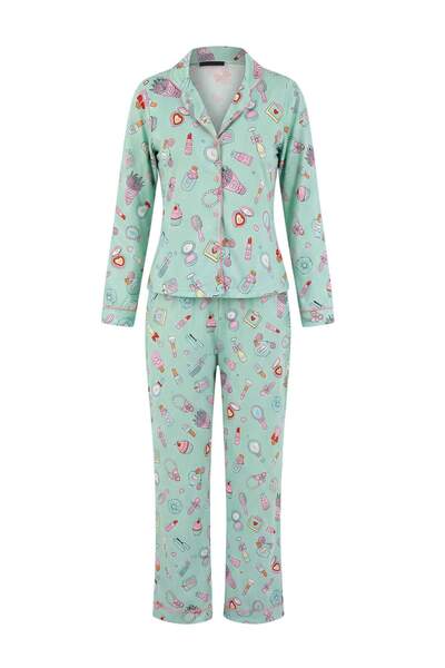 Trendyol Kollektion Türkisfarbenes Freizeit-Strickpyjama-Set aus 100 % Baumwo...
