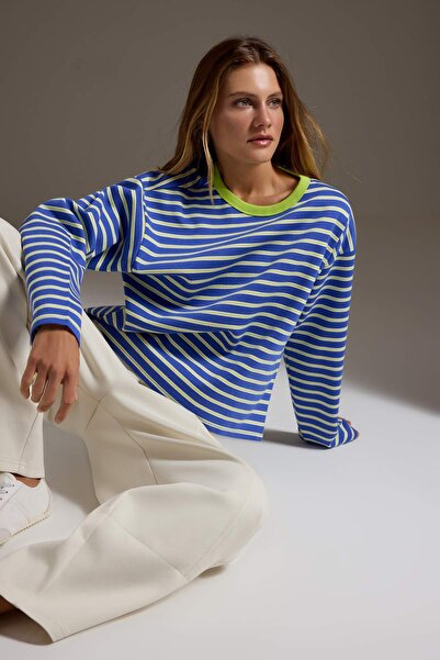 Trendyol Collection Saks Striped Premium Overisize/Wide Cut Crew Neck Interlo...