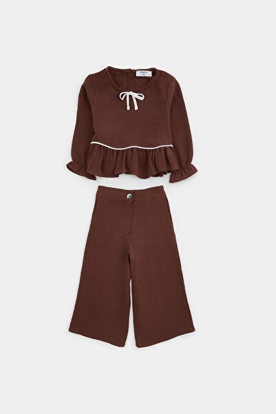 TRENDYOLKIDS Burgundy Girl's 100% Cotton Muslin Bow Woven Shirt and Trouser B...