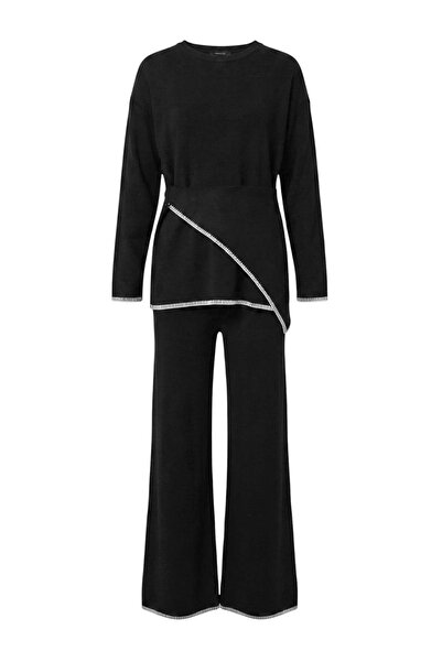 Trendyol Modest Black Regular Waist Tie Detailed Contrast Stitched Knitwear H...