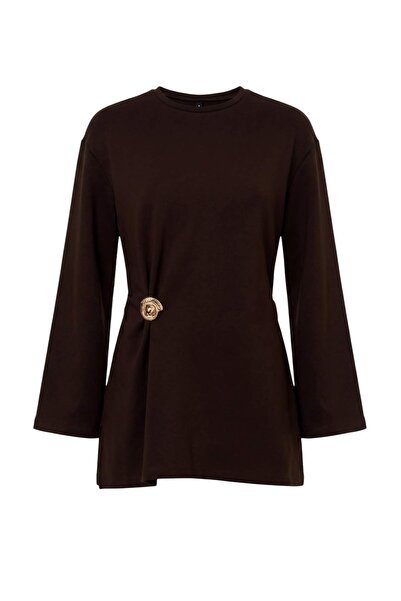 Trendyol Modest Dunkelbrauner Regular Interlock-Strickpullover TCTAW26UK00000