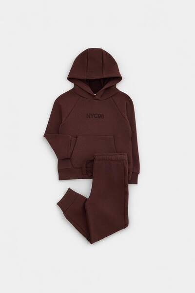 TRENDYOLKIDS Brown Slogan Knitted Bottom - Top Set Tkdaw26Au00009