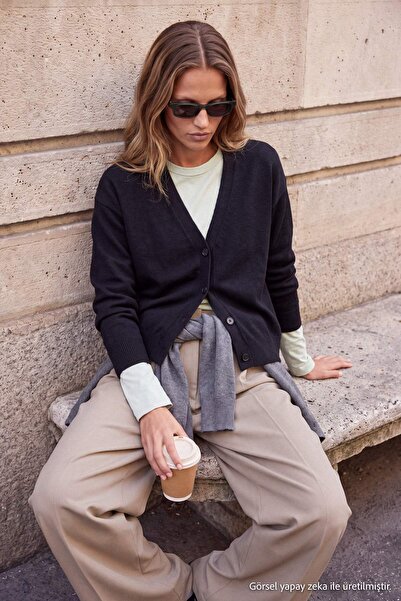Trendyol Collection Wardrobe Essentials Black Wool V-Neck Soft Knitwear Cardi...