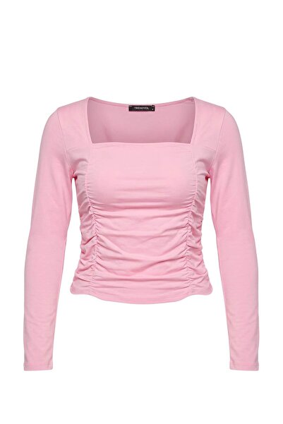 Trendyol Collection Pink Fitted/Skin-Fitting Shirred Square Neck Super Crop/E...