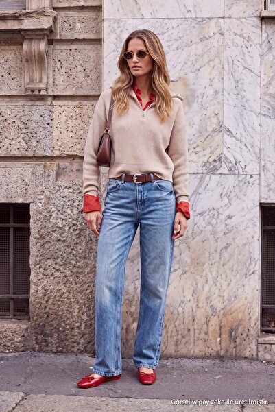 Trendyol Collection Wardrobe Essentials Blue 100% Cotton High Waist Straight ...
