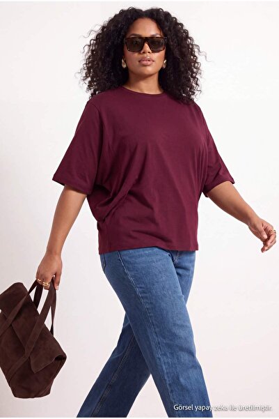 Trendyol Curve Wardrobe Essentials-Plum Wide Fit Bat Sleeve 100% Cotton Knitt...