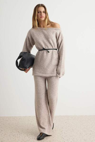 Trendyol Collection Mink Soft Textured Belted Special Quality Knitwear Bottom...