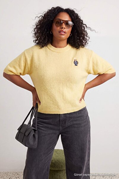 Trendyol Curve Hellgelber Strickpullover mit weicher Textur und Stickerei-Det...