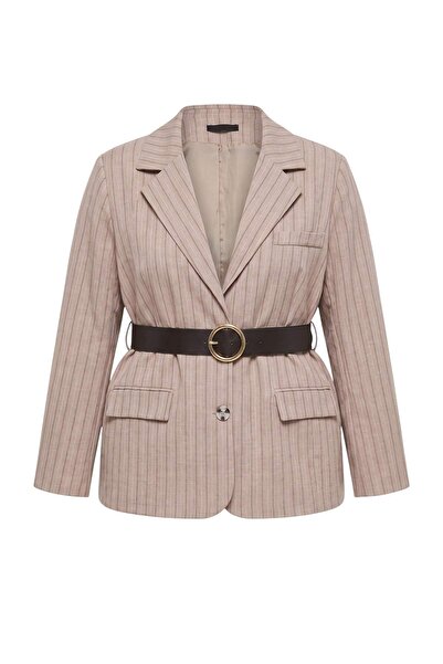 Trendyol Curve Beige Striped Belted Oversized Woven Jacket Tbbaw27Ag00028