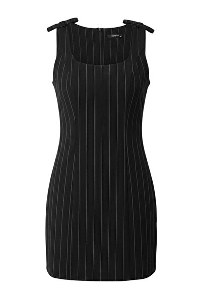 Trendyol Collection Black Bow Detail Striped A-Line/ Bell Form Short / Mini W...