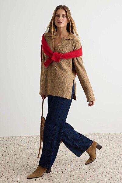 Trendyol Collection Camel Soft Textured Wide Fit Knitwear Sweater Twoaw27Kz00048