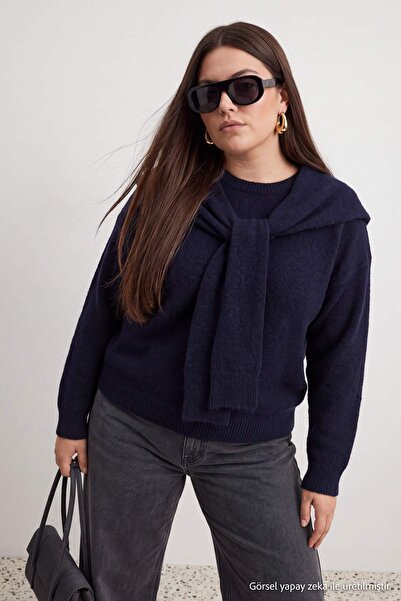 Trendyol Curve Marineblauer, weich strukturierter Schal-Strickpullover TBBAW2...