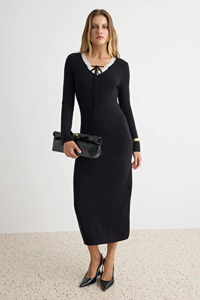 Trendyol Collection Black Lace Detailed Bodycone Knitwear Dress Twoaw27El00018