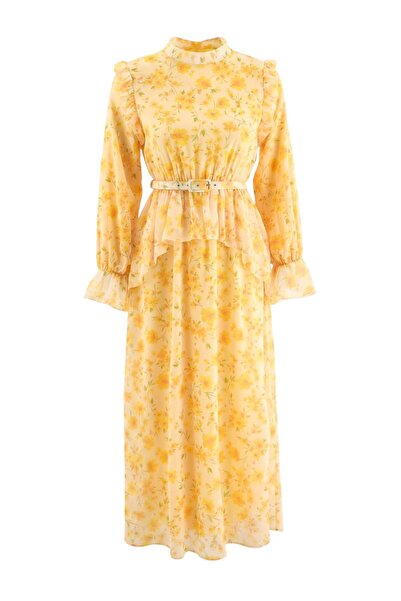 Trendyol Modest Yellow Multi-Colored Chiffon Lined Woven Floral Dress Tctss25...