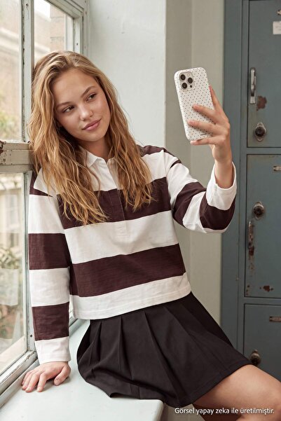Trendyol Collection Brown Striped Buttoned Polo Collar Oversize/Wide Cut Low ...