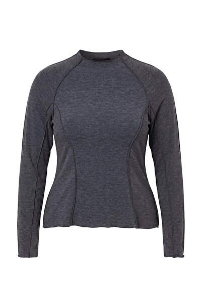 Trendyol Curve Anthracite Ribbed Stitched Fitted/Bodycon Knitted Blouse Tbbaw...
