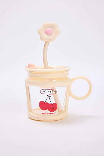 Drop by TrendyolMilla Flower Figured Glass Mug with Straw Tdraw27Up00001