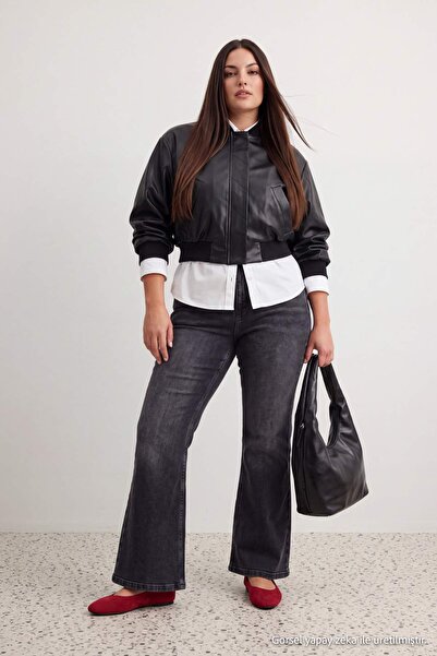 Trendyol Curve Antrasit Yüksek Bel Orta Esnek İspanyol Paça Flare Jeans TBBAW...