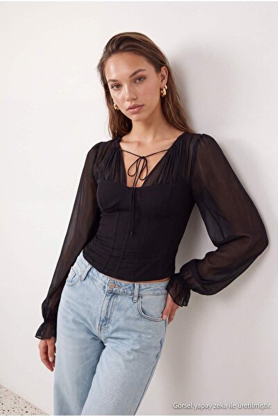 Trendyol Collection Black Gathered Collar Detailed Party Blouse Tpraw27Bz00035