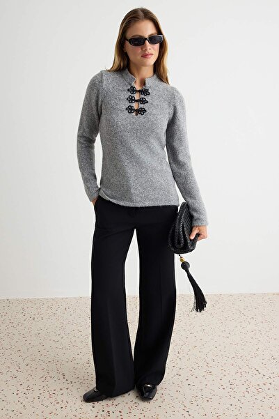 Trendyol Collection Anthracite Soft Textured Trend/Mandarin Button Detailed K...