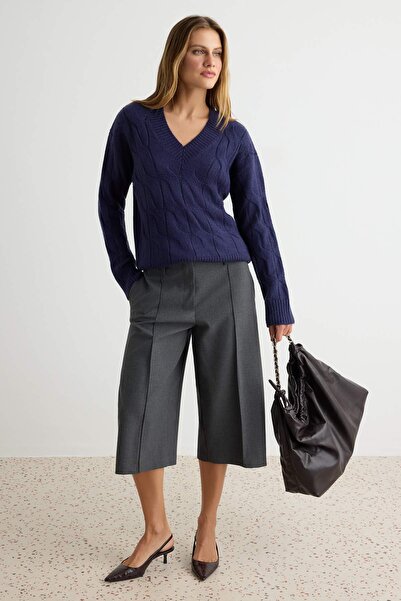 Trendyol Collection Navy Blue Soft Textured V-Neck Hair Knit Oversize Knitwea...