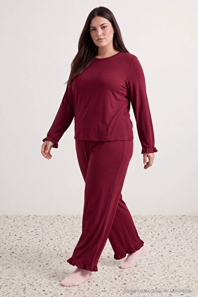Trendyol Curve Burgundy 100% Cotton Frilly Knitted Pajamas Set Tbbaw27Ai00030