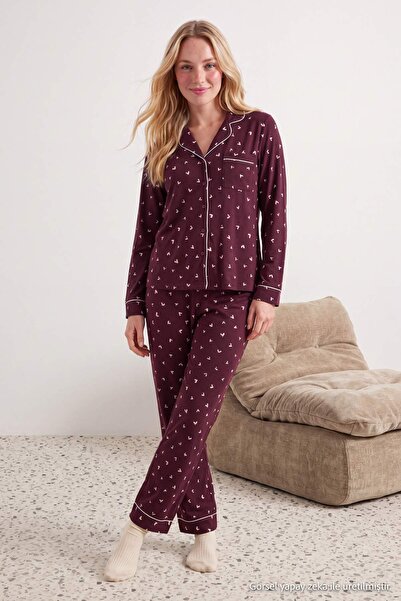 Trendyol Collection Mürdüm 100% Cotton Hearted Ribbed Knitted Pajama Set Thma...