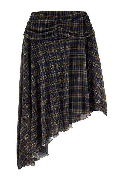 Trendyol Curve Multi-Colored Plaid Pattern Knitted Tulle Plus Size Skirt Tbba...