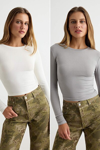 Trendyol Collection Ecru-Grey Melange Double Pack Crop/Short Fitted/Bodycon K...