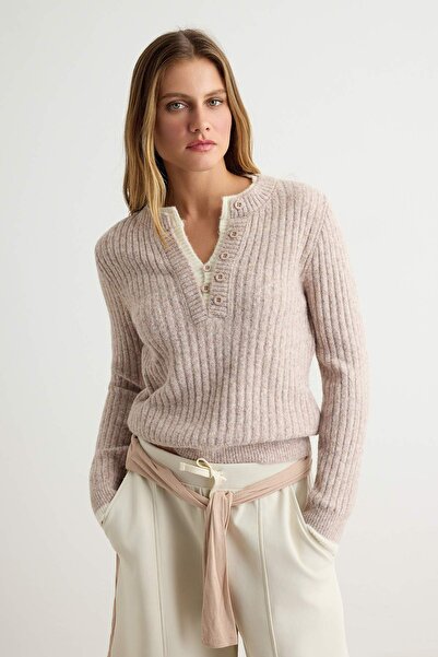Trendyol Collection Beige Soft Textured Double Collar Detailed Knitwear Sweat...