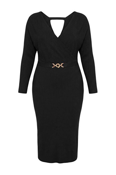 Trendyol Curve Black Double Breasted Belted Midi Length Knitwear Plus Size Dr...