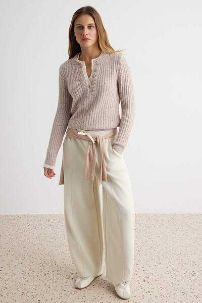 Trendyol Collection Beige Soft Textured Double Collar Detailed Knitwear Sweat...