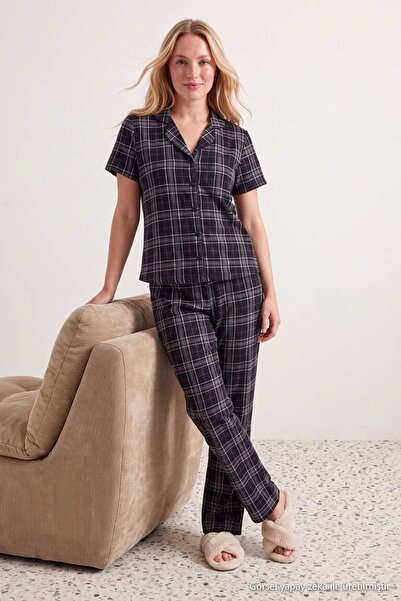 Trendyol Collection Black 100% Cotton Plaid Knitted Pajamas Set Thmaw27Pt00141