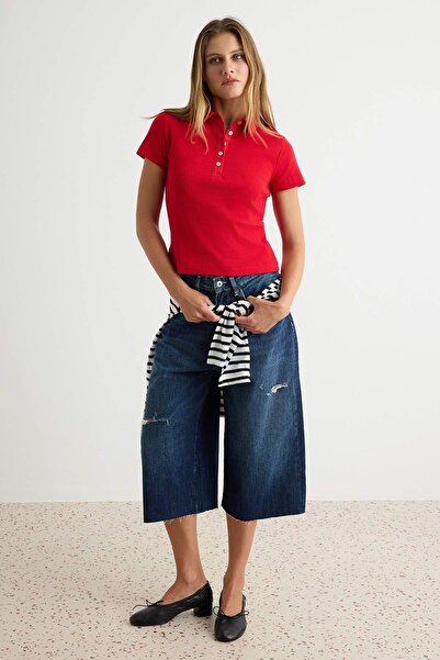 Trendyol Collection Red Polo Collar Fitted/Crop Ribbed Stretchy T-Shirt Twoaw...
