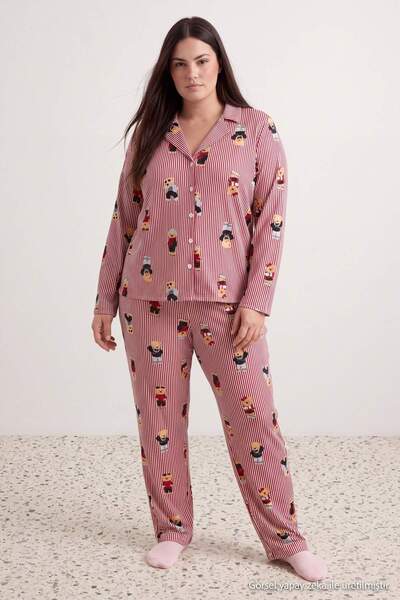 Trendyol Curve Multi Color 100% Cotton Teddy Bear and Stripe Pattern Shirt Co...