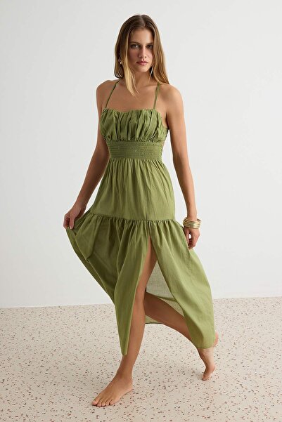Trendyol Collection Oil Green Woven Backless 100% Cotton Maxi Beach Dress Tbe...