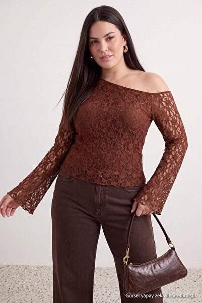 Trendyol Curve Brown Asymmetric Collar Lace Knitted Plus Size Blouse Tbbaw27A...