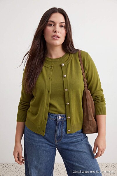 Trendyol Curve Tricotaj verde ulei, mărime mare, cardigan TBBAW26AV00046