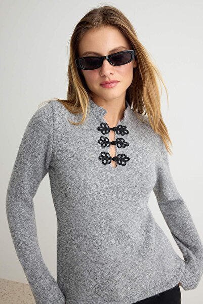 Trendyol Collection Anthracite Soft Textured Trend/Mandarin Button Detailed K...