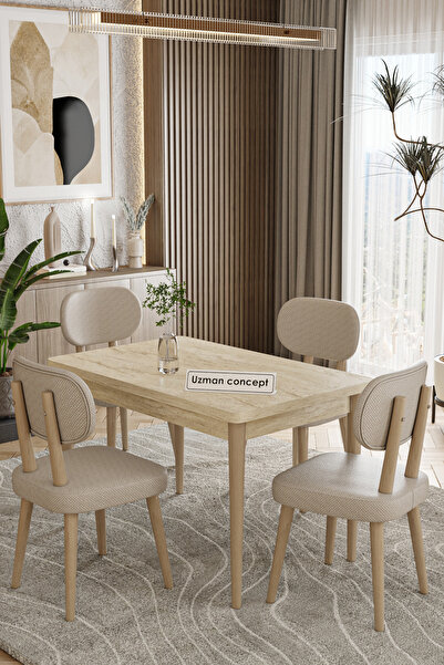 UZMHOME 70 x 110 Sabit Traverten Mutfak Masa Takımı 4 Sandalyeli