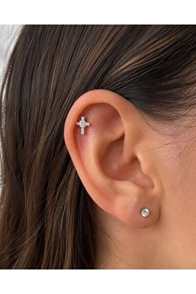 Arescollection 1 ADET ZİRKON TAŞLI HAÇ TRAGUS HELİX LOBE UYUMLU PİERCİNG