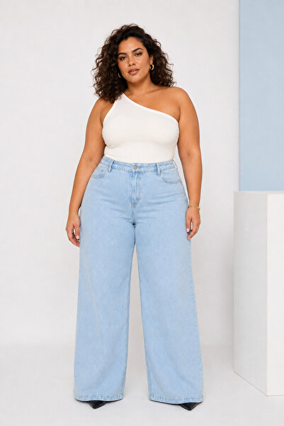 FİVA JEANS بنطلون جينز نسائي فاخر مقاس كبير واسع الساق من الليكرا بقصة مريحة ...