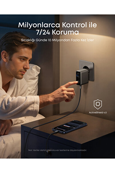 Anker 100W Şarj Cihazı, Kompakt, 3 Bağlantı Noktalı, GaN USB-C, Akıllı Ekran ve Dokunmatik Kontrol, Siyah - B121B