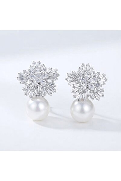 Siya Silver Tarnish-Resistant Steel Zircon Stone Pearl Crystal Flower Earring...